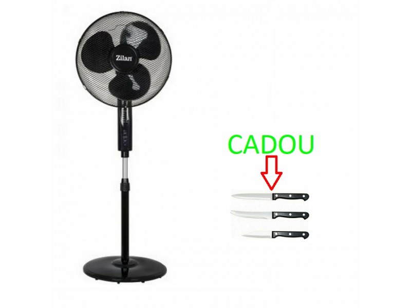 Ventilator cu picior ZILAN ZLN-1204, 50W, 40 cm diametru, Telecomanda, Timer, Negru + Set cutite 3 piese CADOU