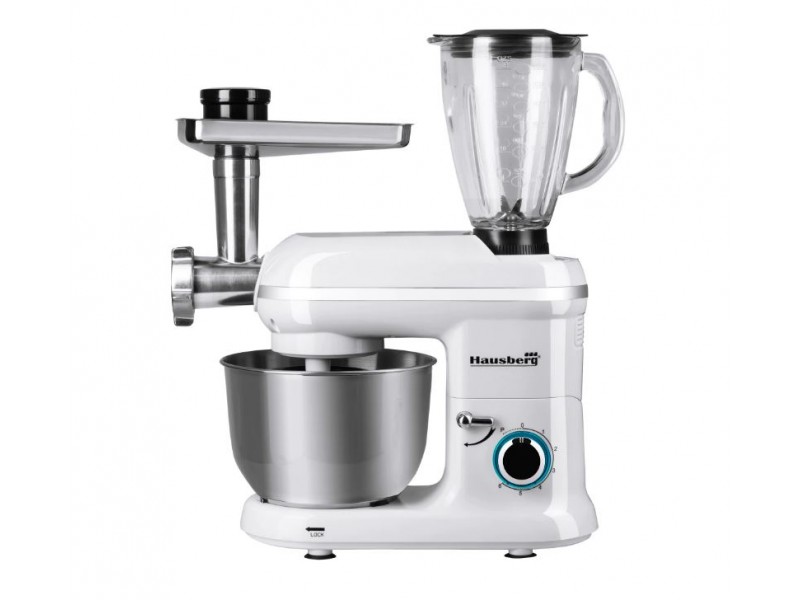 Robot de bucatarie multifunctional All-in-one Hausberg HB-7605AB, 1000 W, mixer/blender/tocat carne, Alb