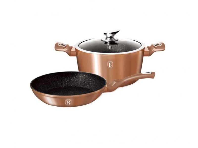 Set oala cu capac si tigaie marmorate (3 piese) din aluminiu forjat Rose Gold (Cupru) Metalic Line Berlinger Haus BH1281N