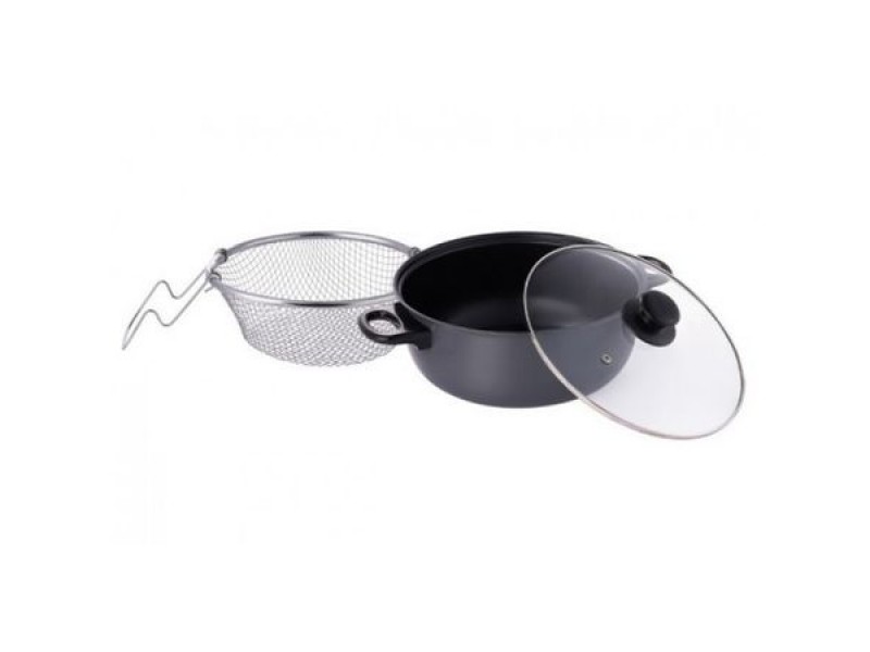 Cratita otel carbon cu acoperire non-stick si cos pentru prajit, 24x9cm, capac sticla, Esperansa ES 1213 F