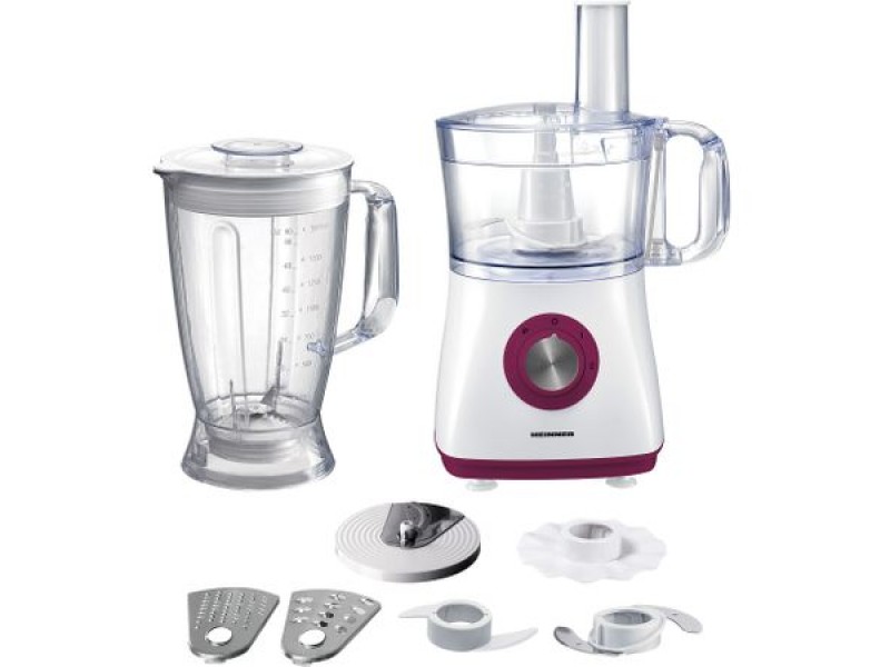 Robot de bucatarie Heinner Charm HFP-750BG, 750 W, Bol 1.2 L, Blender 1.8 L, 4 discuri, Alb/Visiniu