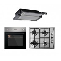 Pachet Cuptor Incorporabil Hausberg HB-8043IN, Clasa A, INOX + Plita Incorporabila Hausberg HB-555, 4 arzatoare, Gaz, Aprindere electrica, Inox + Hota incorporabila telescopica Hausberg HB-1285NG, putere de absorbtie 420 m3/h, 2 motoare, 60 cm, Negru