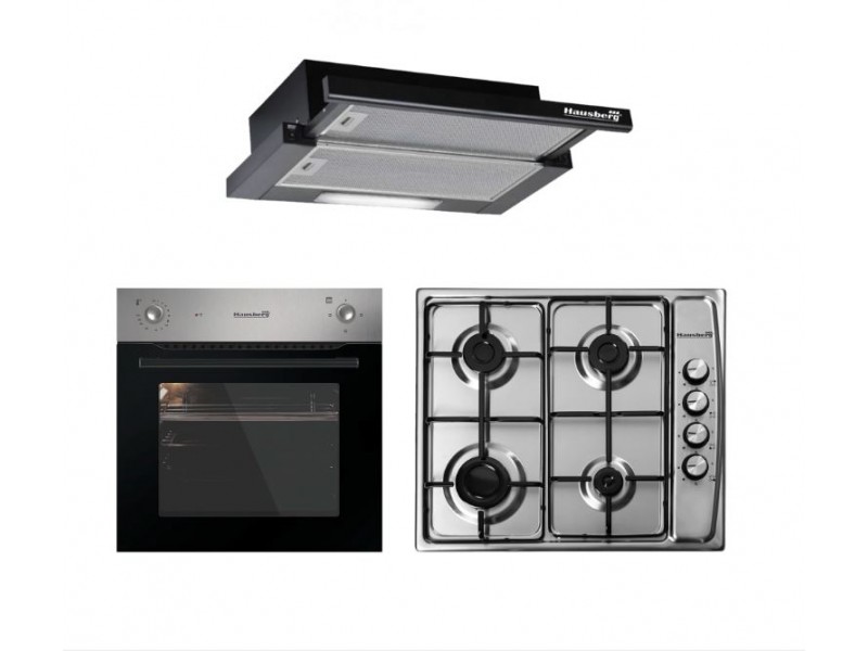 Pachet Cuptor Incorporabil Hausberg HB-8043IN, Clasa A, INOX + Plita Incorporabila Hausberg HB-555, 4 arzatoare, Gaz, Aprindere electrica, Inox + Hota incorporabila telescopica Hausberg HB-1285NG, putere de absorbtie 420 m3/h, 2 motoare, 60 cm, Negru