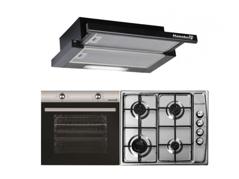 Pachet HAUSBERG Basic Style Plus, Cuptor electric Incorporabil HB8051, Clasa A, 76L, 2000W, Negru/Inox Plita Incorporabila HB555, 4 arzatoare, Gaz, Inox, Hota incorporabila telescopica HB1285NG, Putere de absorbtie 420 m3/h, 2 motoare, 60 cm, Negru