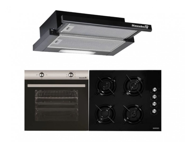 Pachet HAUSBERG Basic Style Black, Cuptor electric Incorporabil HB8051, Clasa A, 76L, 2000W, Negru/Inox, Plita Incorporabila HB563NG, 4 arzatoare, Gaz, Sticla, Negru, Hota incorporabila telescopica HB1285NG, Putere de absorbtie 420 m3/h, 2 motoare