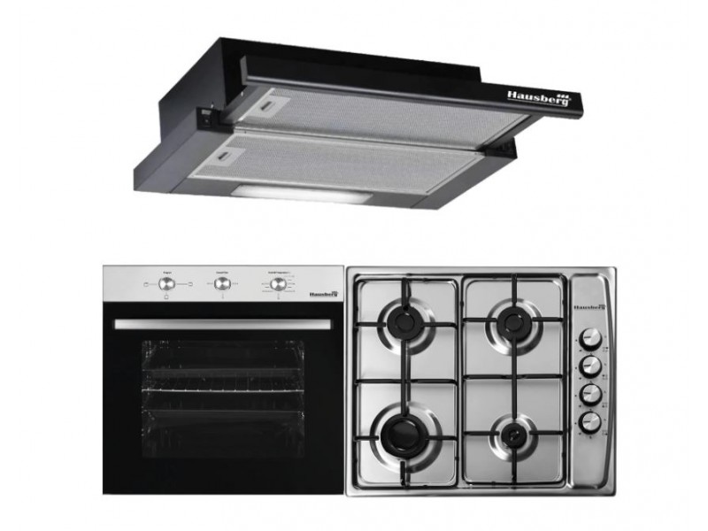 Pachet HAUSBERG Basic Style Plus, Cuptor electric Incorporabil HB8052, Clasa A, 71L, 2000W, Negru/Inox, Plita Incorporabila HB555, 4 arzatoare, Gaz, Inox, Hota incorporabila telescopica HB1285NG, Putere de absorbtie 420 m3/h, 2 motoare, 60 cm, Negru