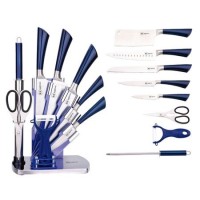 Set de cutite Rainstahl RS/KN 8005-09, 8 piese inox, Foarfeca, Dispozitiv de Ascutit Suport inclus, albastru