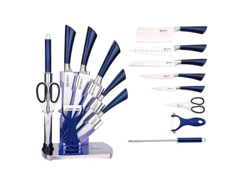 Set de cutite Rainstahl RS/KN 8005-09, 8 piese inox, Foarfeca, Dispozitiv de Ascutit Suport inclus, albastru