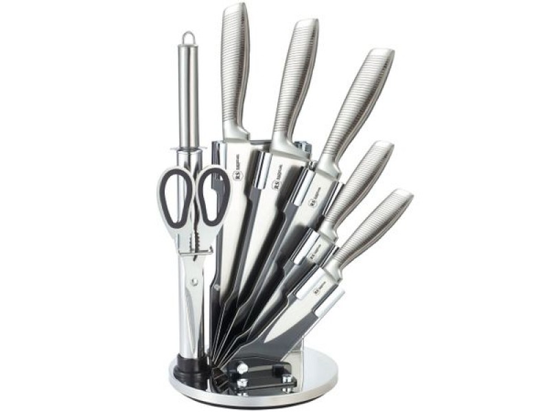 Set de cutite Bohmann inox turnat 8 piese , Foarfeca, si Dispozitiv de Ascutit Suport inclus, argintiu/mat