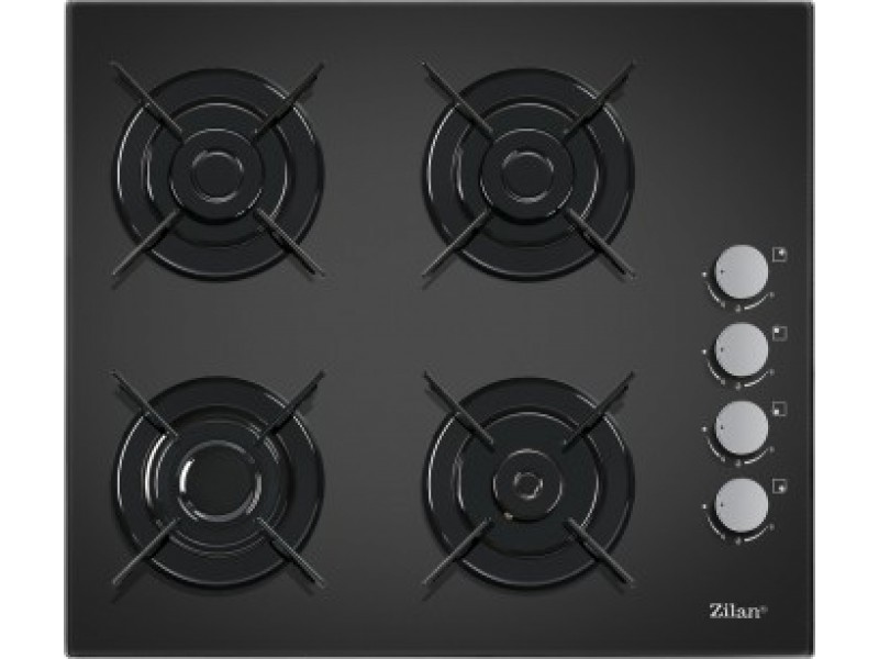 Plita incorporabila Zilan ZLN-0058, Gaz butelie sau gaz natural (duze de schimb incluse), 59x51 cm, 4 Arzatoare, Aprindere Electrica, Sticla Neagra