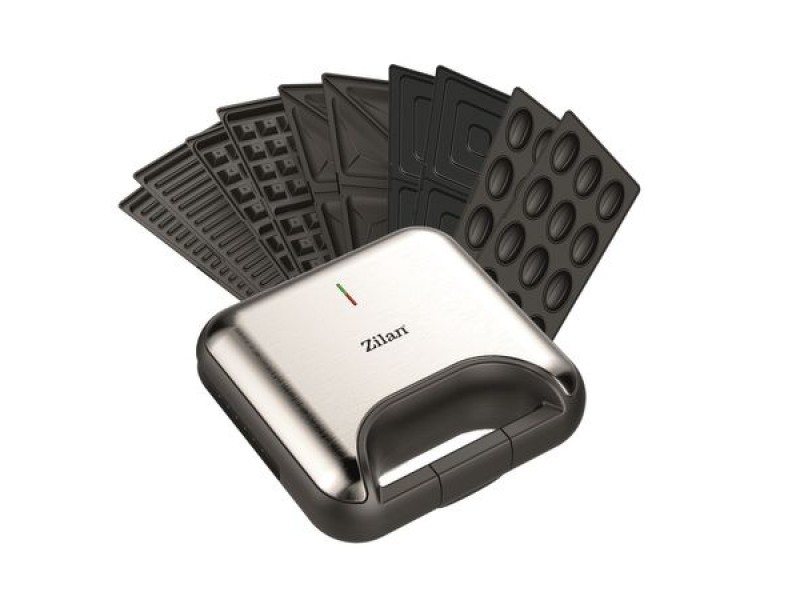 Sandwich-maker ZILAN 5 in 1 ZLN-3932, 800 W, 5 tipuri de placi grill, triunghi, sandwich, waffle, nuci, Negru/Inox