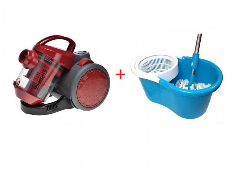 Pachet Aspirator fara sac , Putere 700 W, ciclonic, Rosu/Negru, Capacitate colectare 1.5 l + Galeata Magic Mop cu mop rotativ, HB-2090R