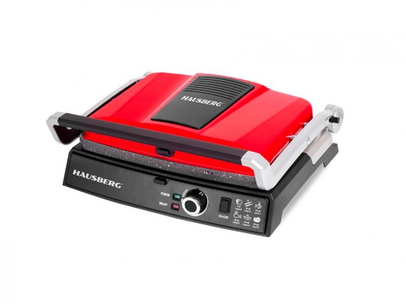 Grill electric Hausberg HB633RS, 2000-2200 W, placi antiaderente, suprafata de gatire 30x24.5 cm, termostat, Rosu